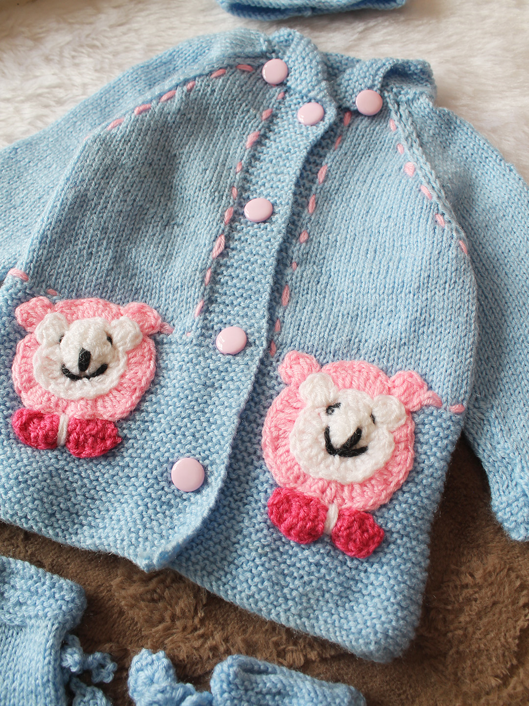 Woonie Handknitted Full Sleeves Bear Face Applique Detailed Cardigan with Cap & Socks Set - Sky Blue