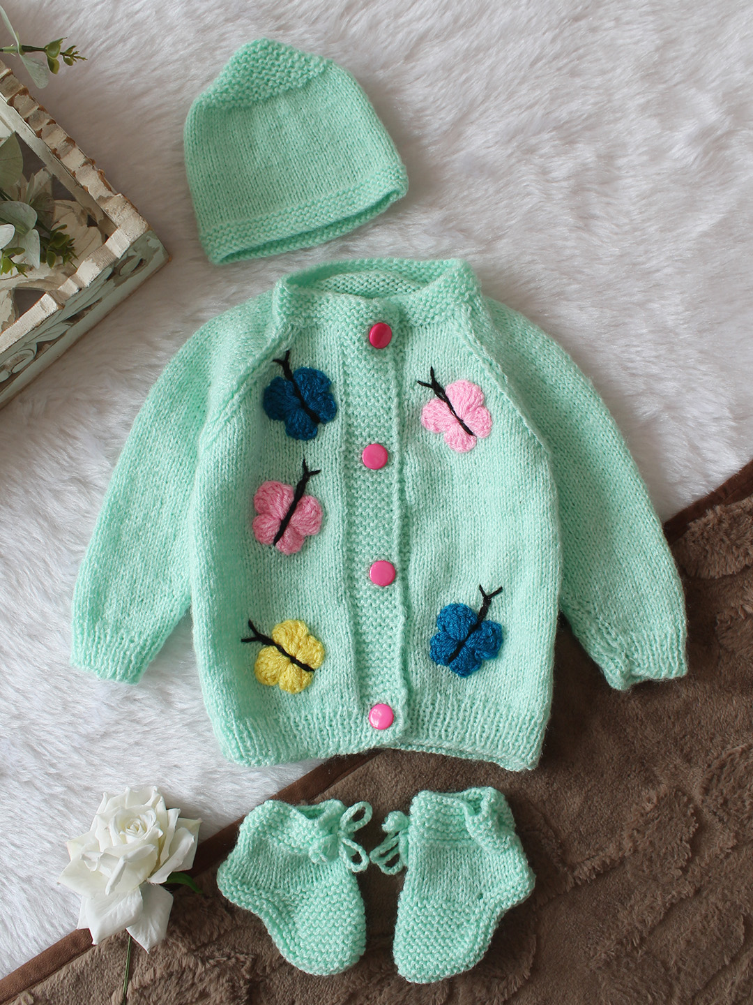 Woonie Handknitted Full Sleeves Butterfly Applique Detailed Cardigan with Cap & Socks Set - Light Green