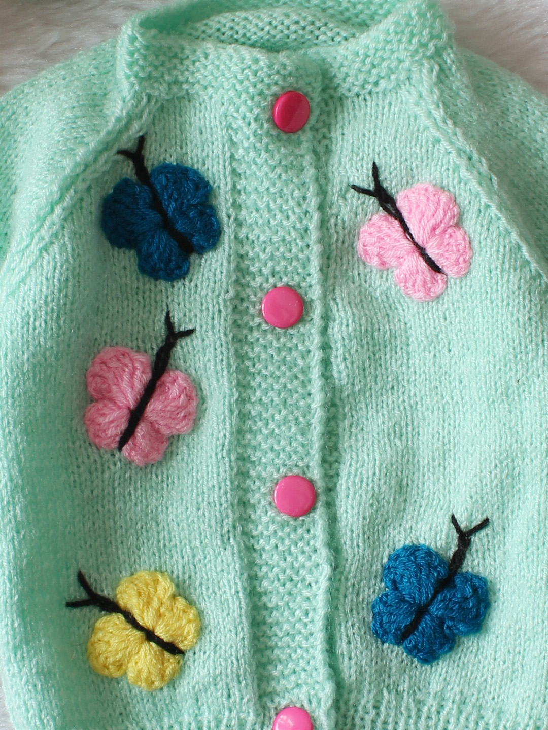 Woonie Handknitted Full Sleeves Butterfly Applique Detailed Cardigan with Cap & Socks Set - Light Green