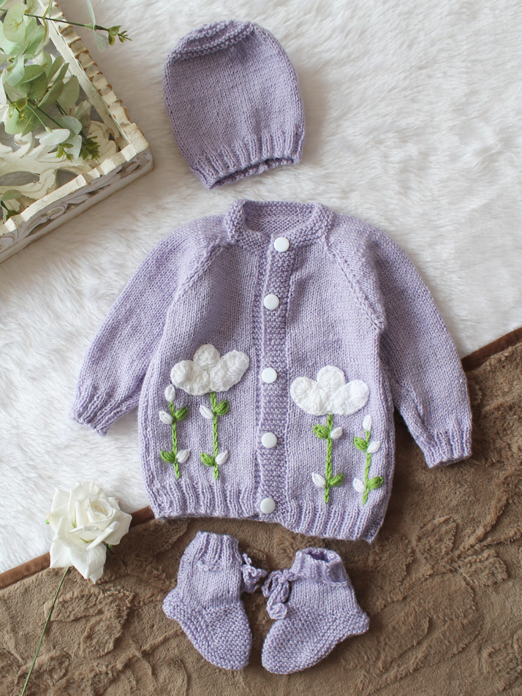 Image of Woonie Handknitted Full Sleeves Floral Applique Detailed Cardigan with Cap &amp; Socks Set - Lavender