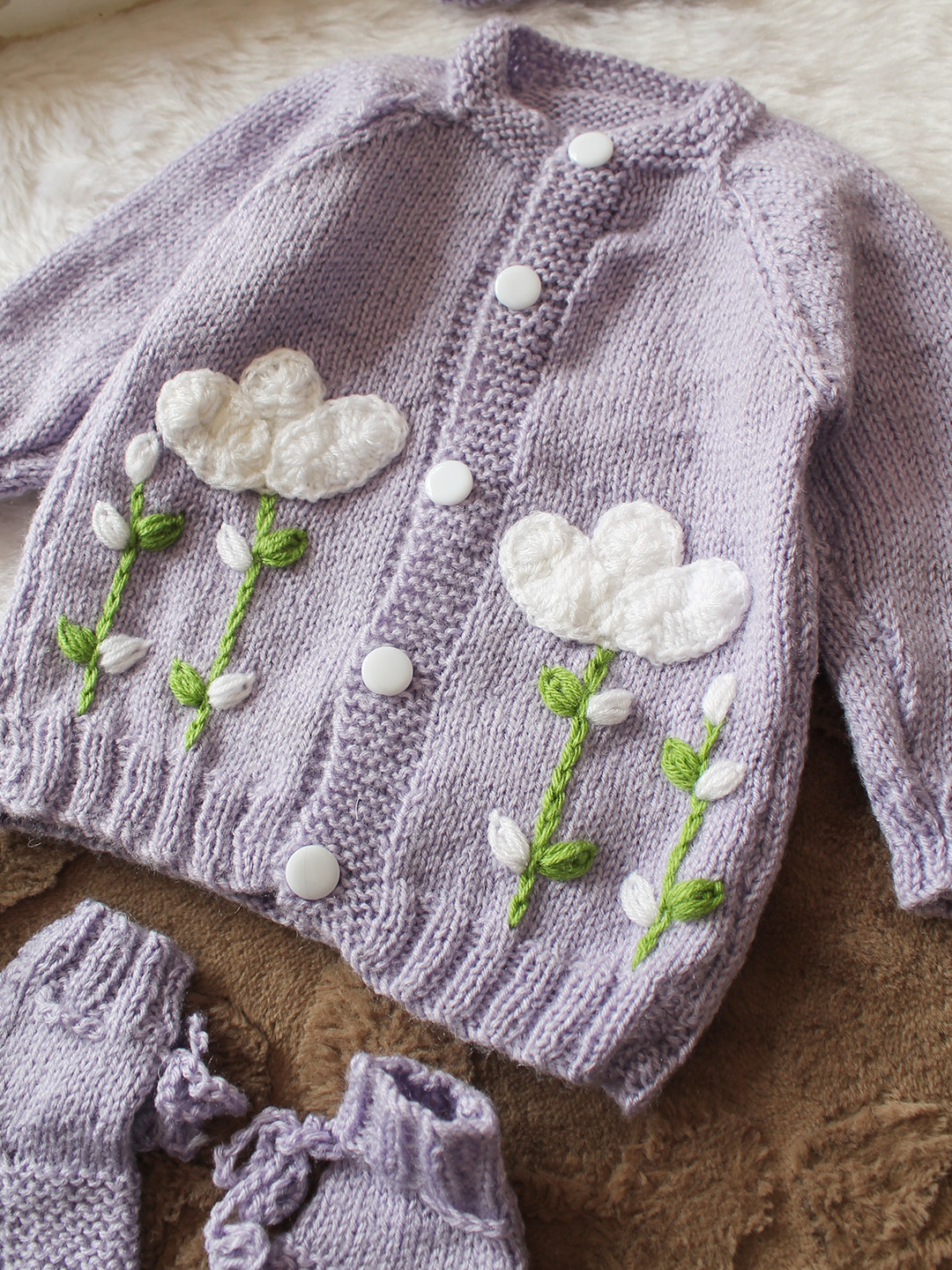 Woonie Handknitted Full Sleeves Floral Applique Detailed Cardigan with Cap & Socks Set - Lavender