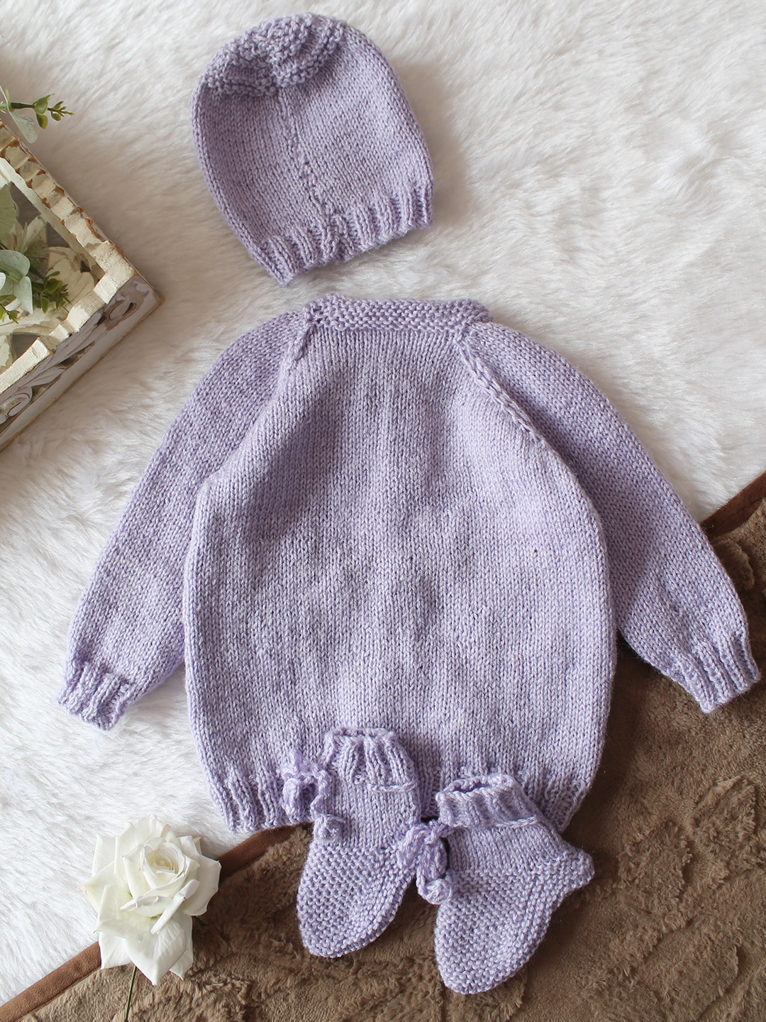 Woonie Handknitted Full Sleeves Floral Applique Detailed Cardigan with Cap & Socks Set - Lavender