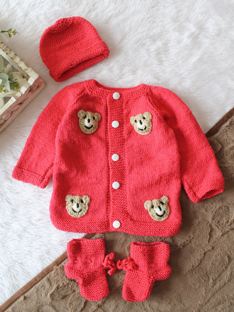 Image of Woonie Handknitted Full Sleeves Bear Face Applique Detailed Cardigan with Cap &amp; Socks Set - Coral