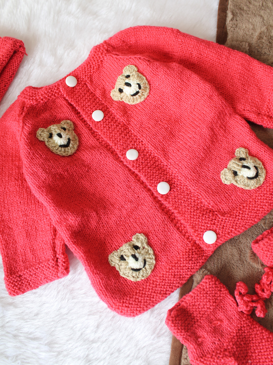 Woonie Handknitted Full Sleeves Bear Face Applique Detailed Cardigan with Cap & Socks Set - Coral