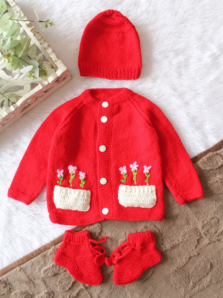 Image of Woonie Handknitted Full Sleeves Floral Embroidered &amp; Pocket Detailed Cardigan with Cap &amp; Socks - Red
