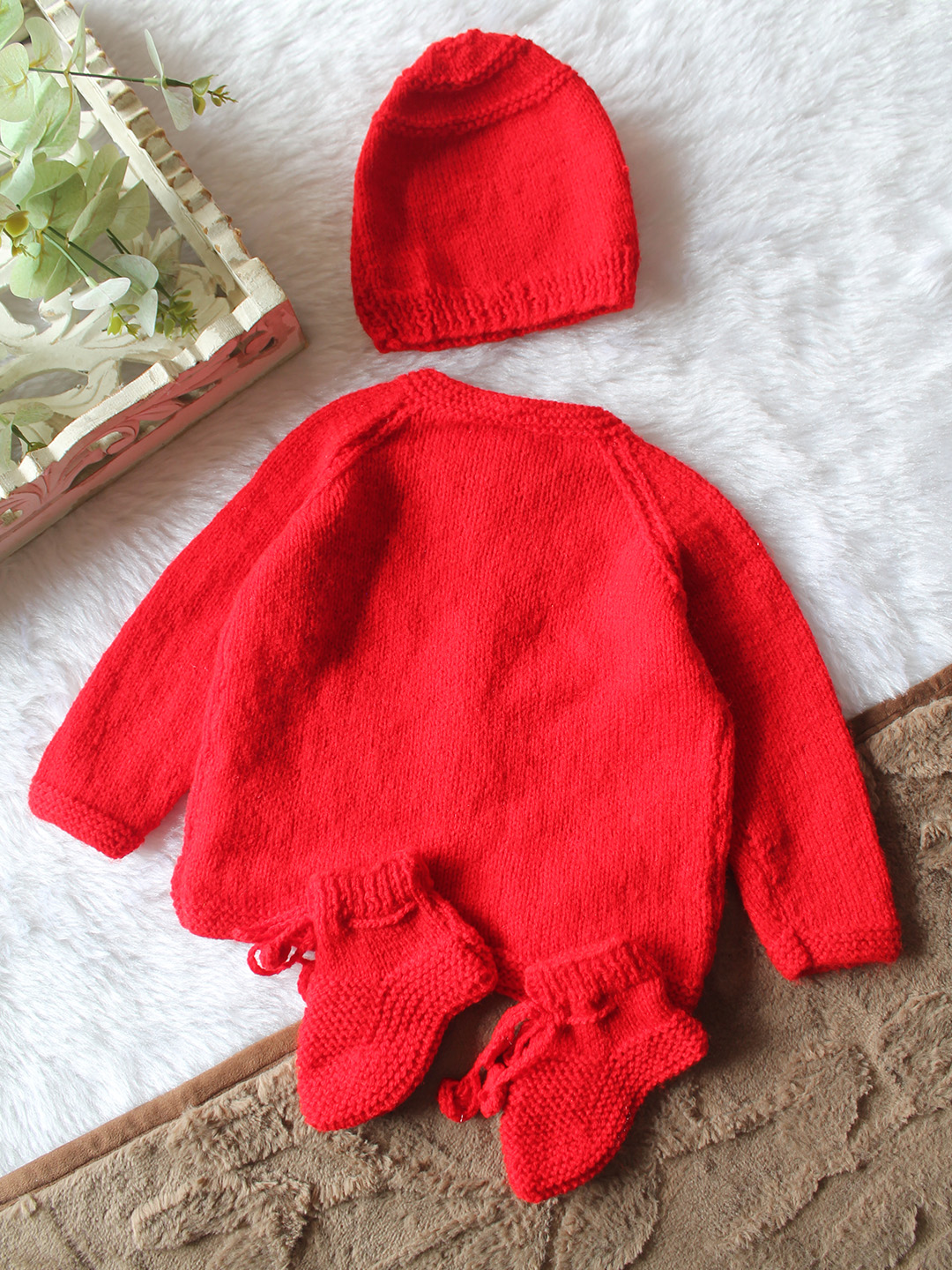 Woonie Handknitted Full Sleeves Floral Embroidered & Pocket Detailed Cardigan with Cap & Socks - Red