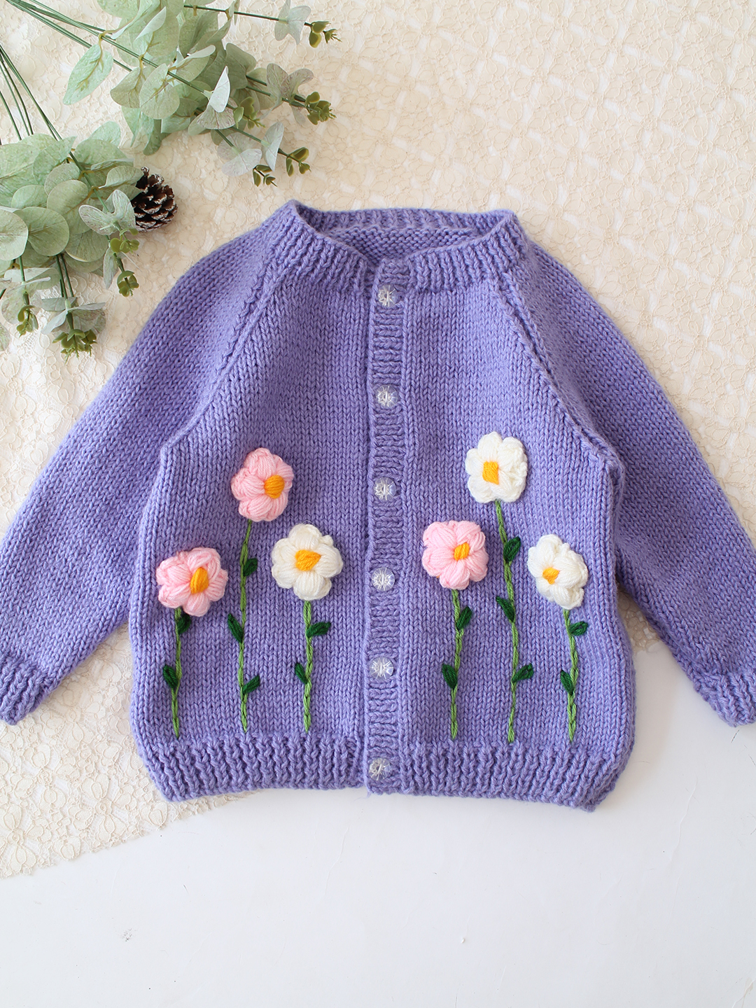 Woonie Handknitted Floral Applique Sweater - Purple