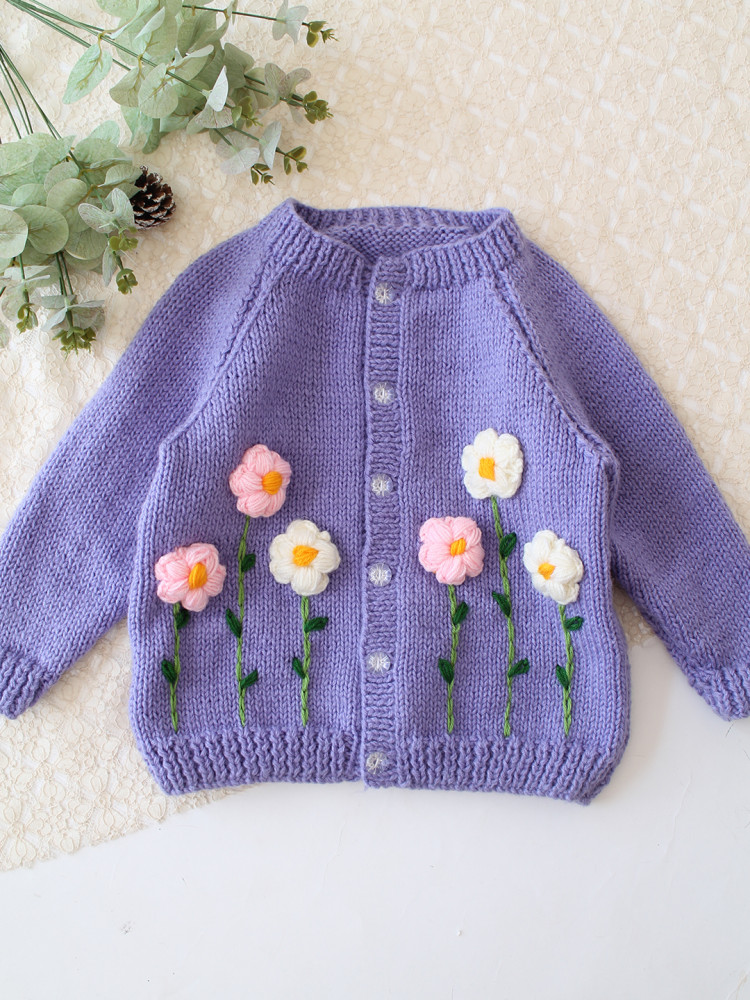 Image of Woonie Handknitted Floral Applique Sweater - Purple