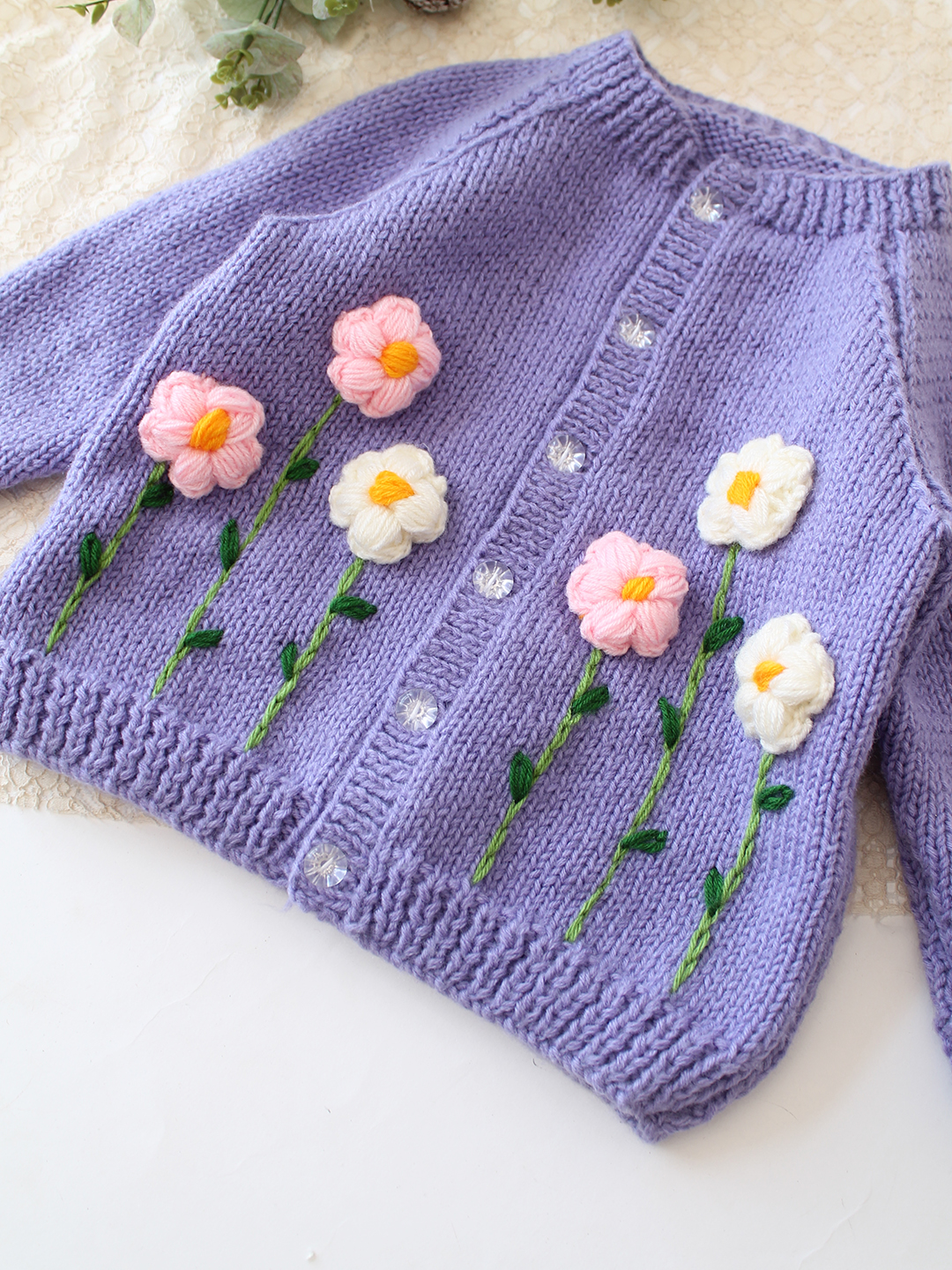 Woonie Handknitted Floral Applique Sweater - Purple
