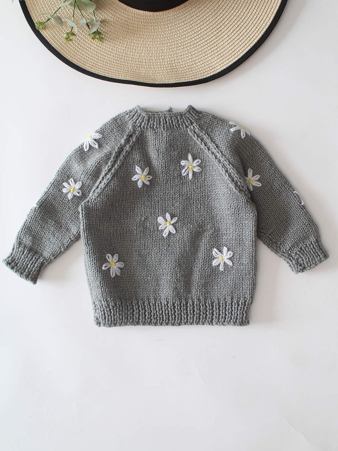 Woonie Handknitted Full Sleeves Floral Embroidered Cardigan - Light Grey