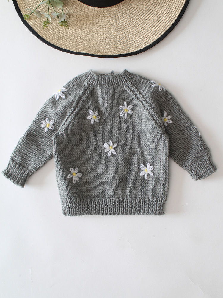 Image of Woonie Handknitted Full Sleeves Floral Embroidered Cardigan - Light Grey