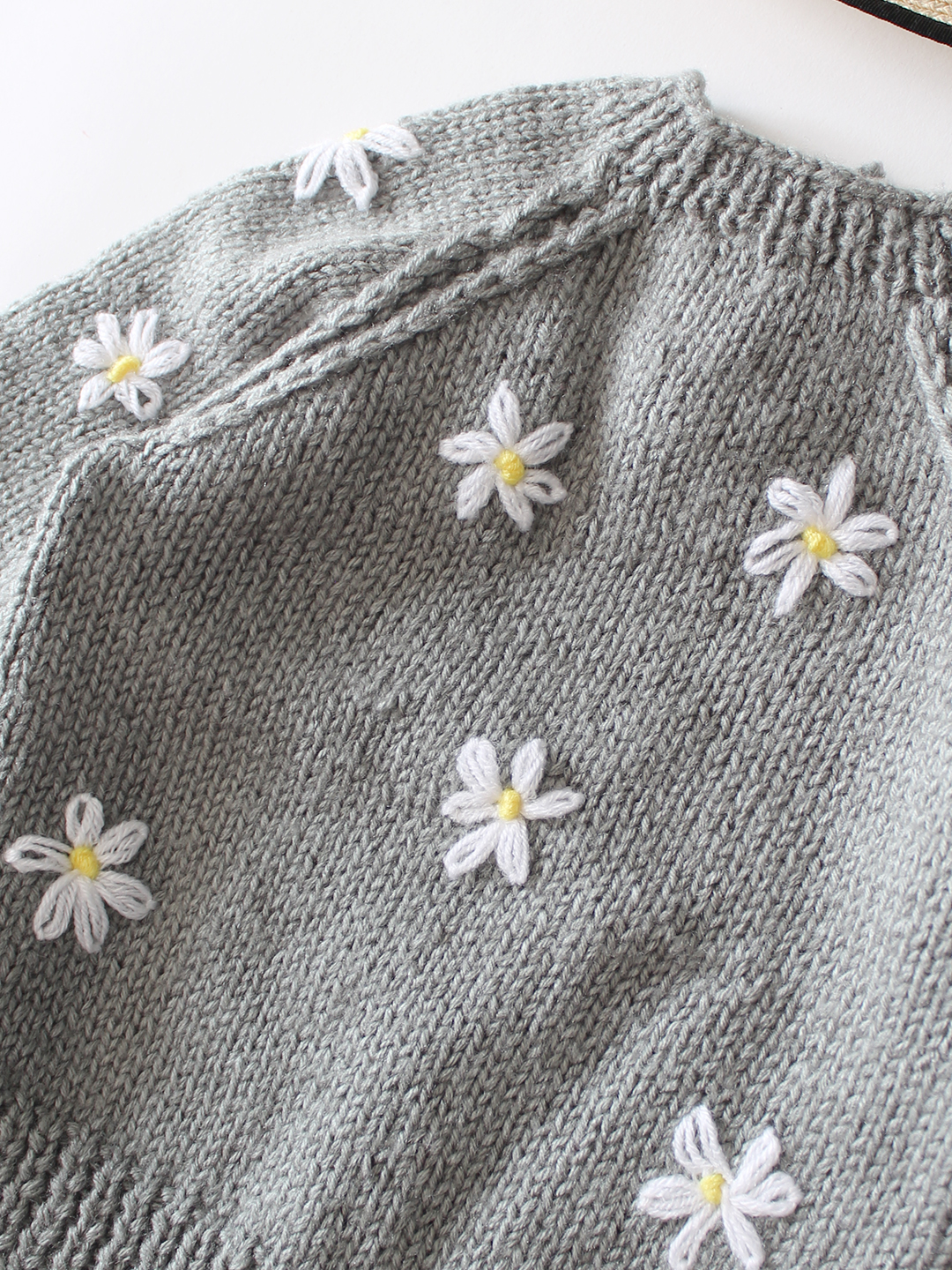 Woonie Handknitted Full Sleeves Floral Embroidered Cardigan - Light Grey