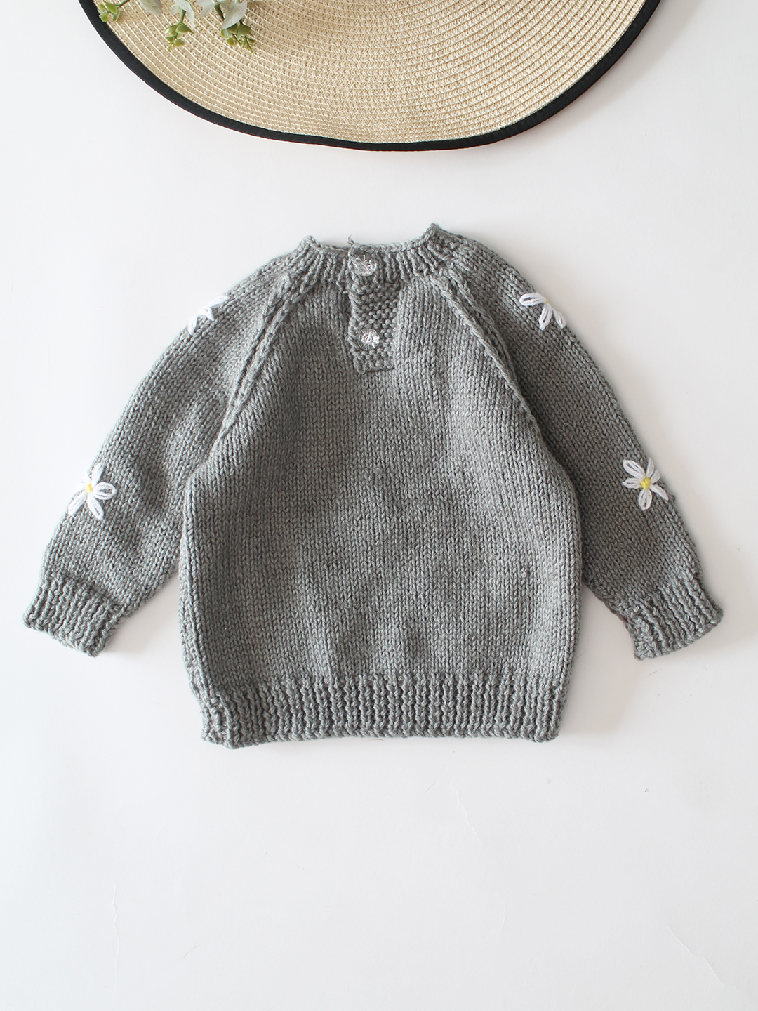 Woonie Handknitted Full Sleeves Floral Embroidered Cardigan - Light Grey