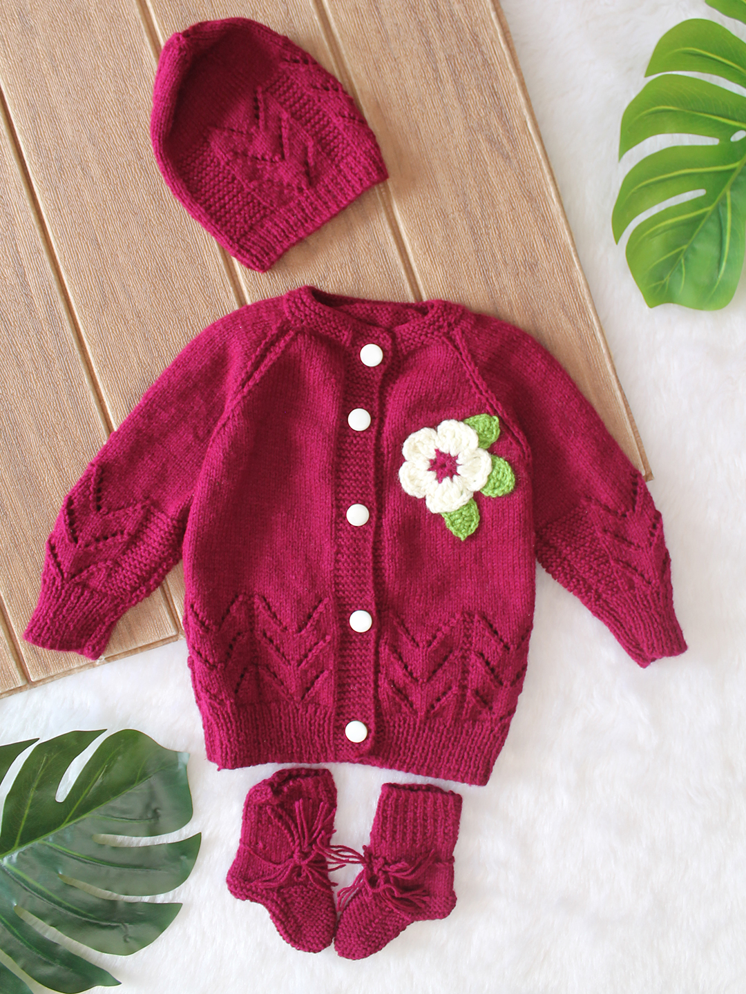 Woonie Handknitted Full Sleeves Floral Applique Detailed Cardigan with Cap & Socks Set - Wine