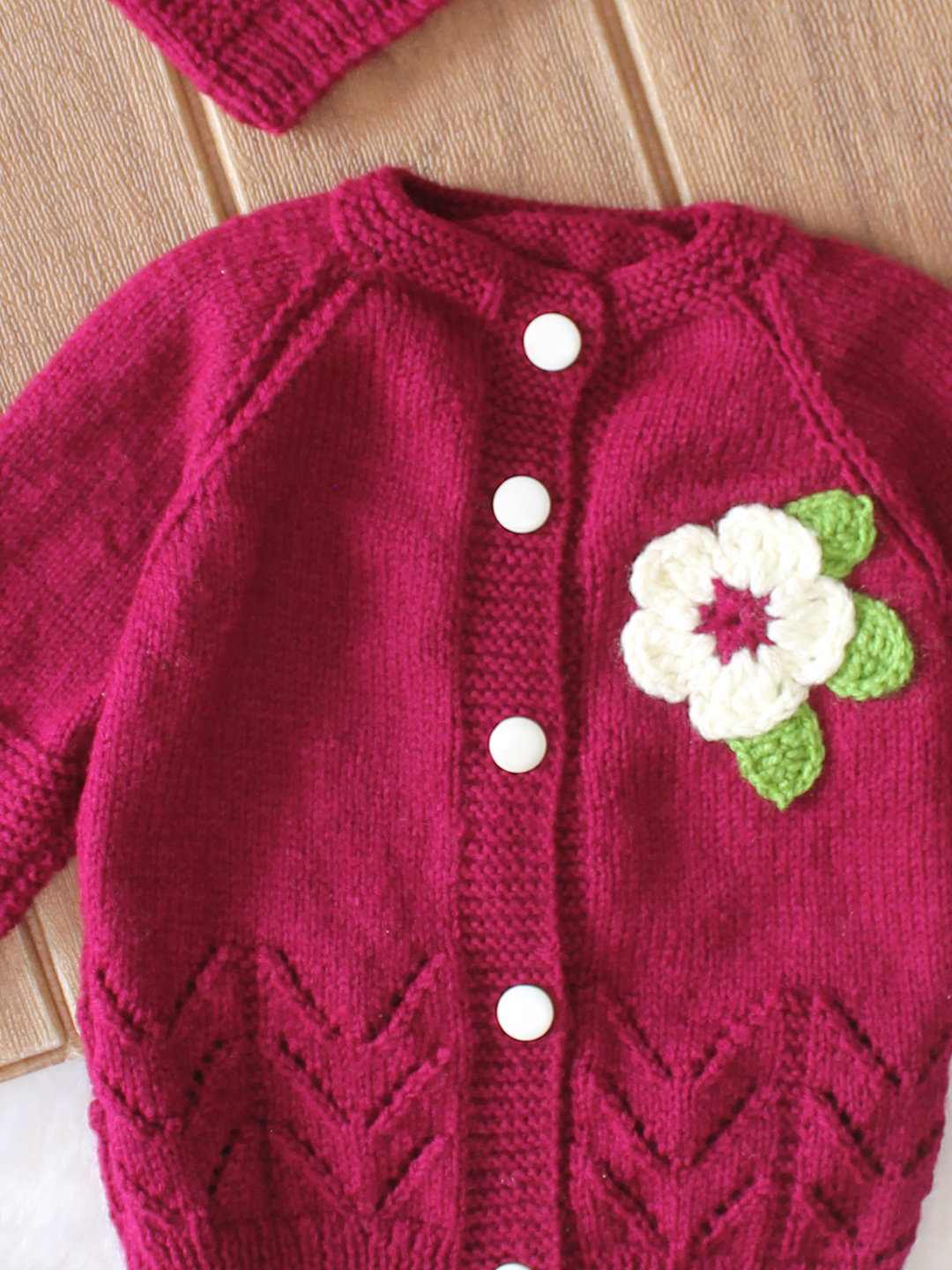 Woonie Handknitted Full Sleeves Floral Applique Detailed Cardigan with Cap & Socks Set - Wine