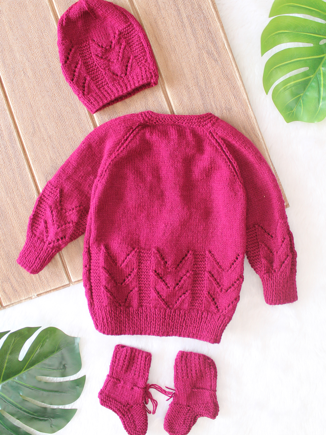 Woonie Handknitted Full Sleeves Floral Applique Detailed Cardigan with Cap & Socks Set - Wine