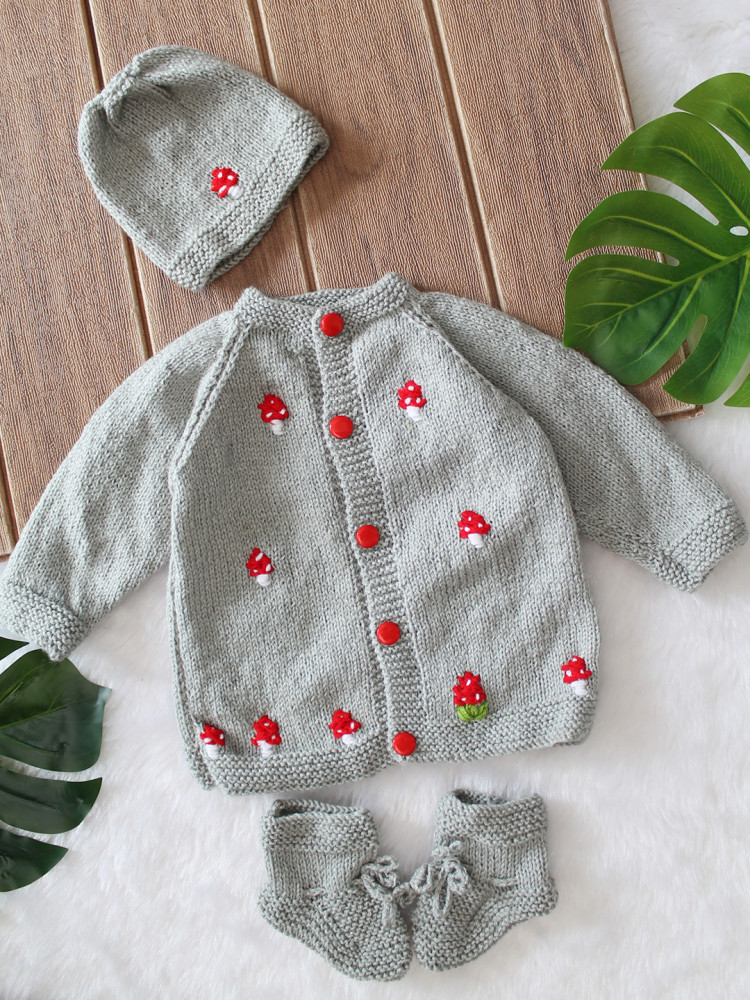 Image of Woonie Handknitted Full Sleeves Mushroom Embroidered Cardigan with Cap &amp; Socks Set - Light Grey