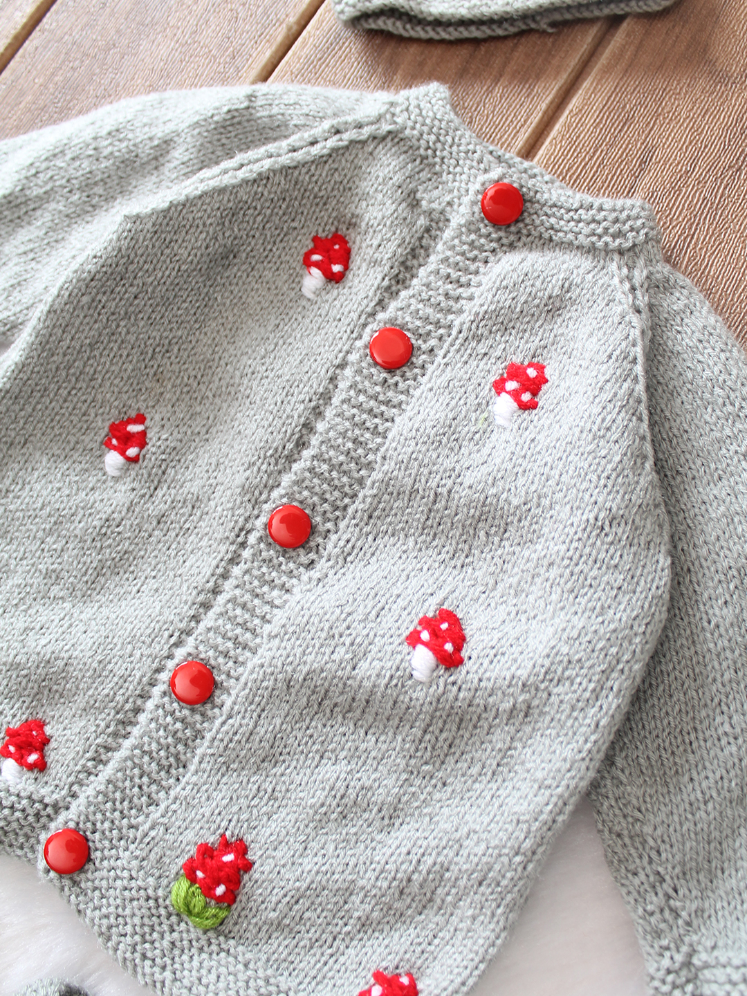 Woonie Handknitted Full Sleeves Mushroom Embroidered Cardigan with Cap & Socks Set - Light Grey