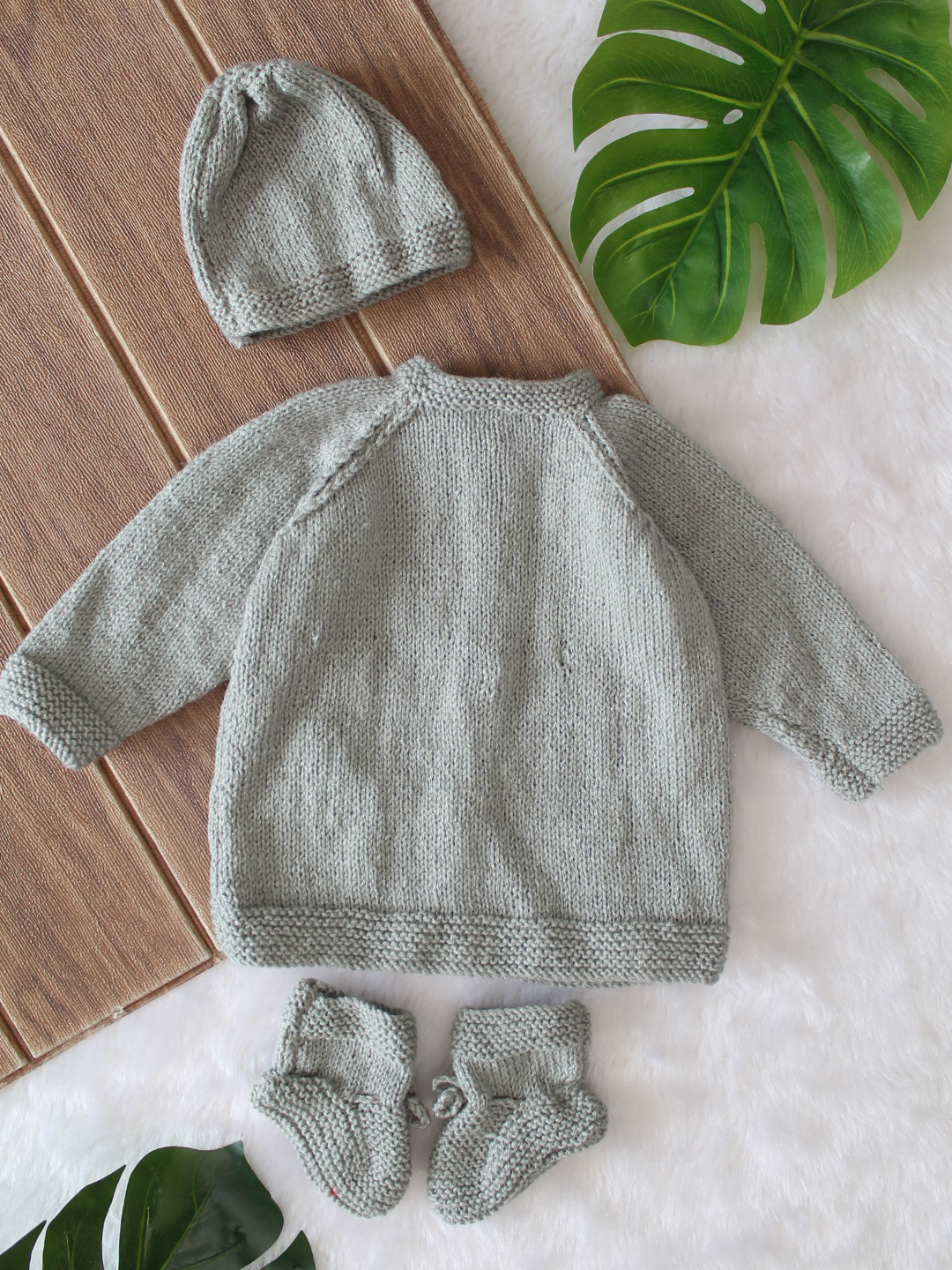 Woonie Handknitted Full Sleeves Mushroom Embroidered Cardigan with Cap & Socks Set - Light Grey