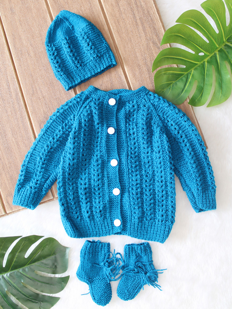 Image of Woonie Handknitted Full Sleeves Self Designed Cardigan with Cap &amp; Socks Set - Blue