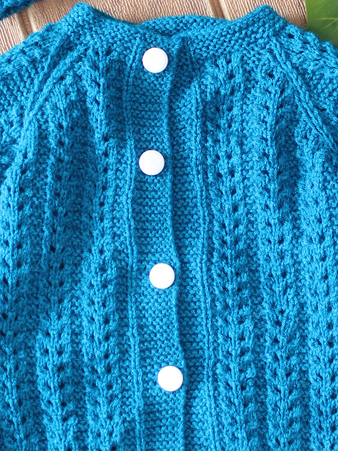 Woonie Handknitted Full Sleeves Self Designed Cardigan with Cap & Socks Set - Blue