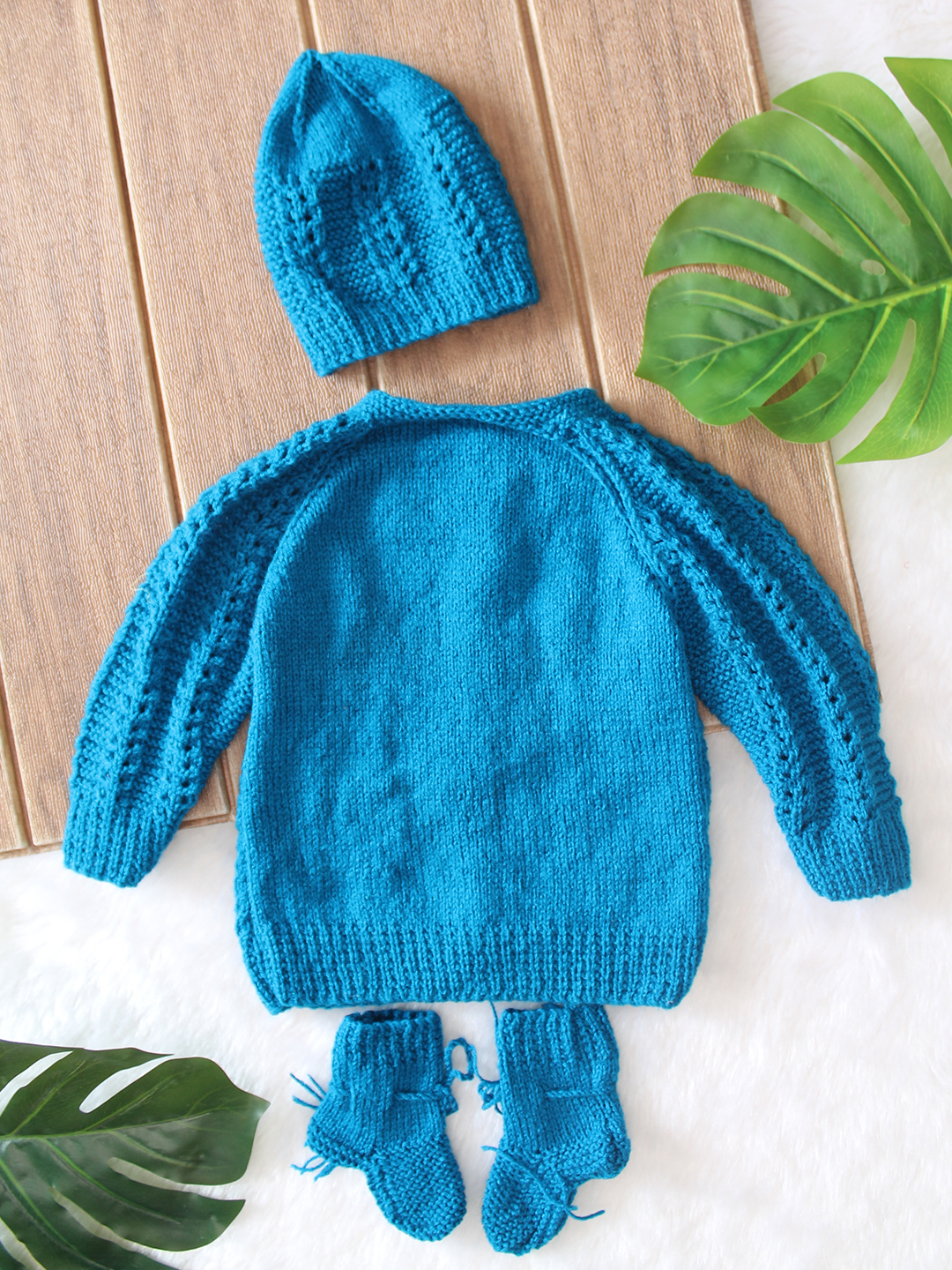 Woonie Handknitted Full Sleeves Self Designed Cardigan with Cap & Socks Set - Blue