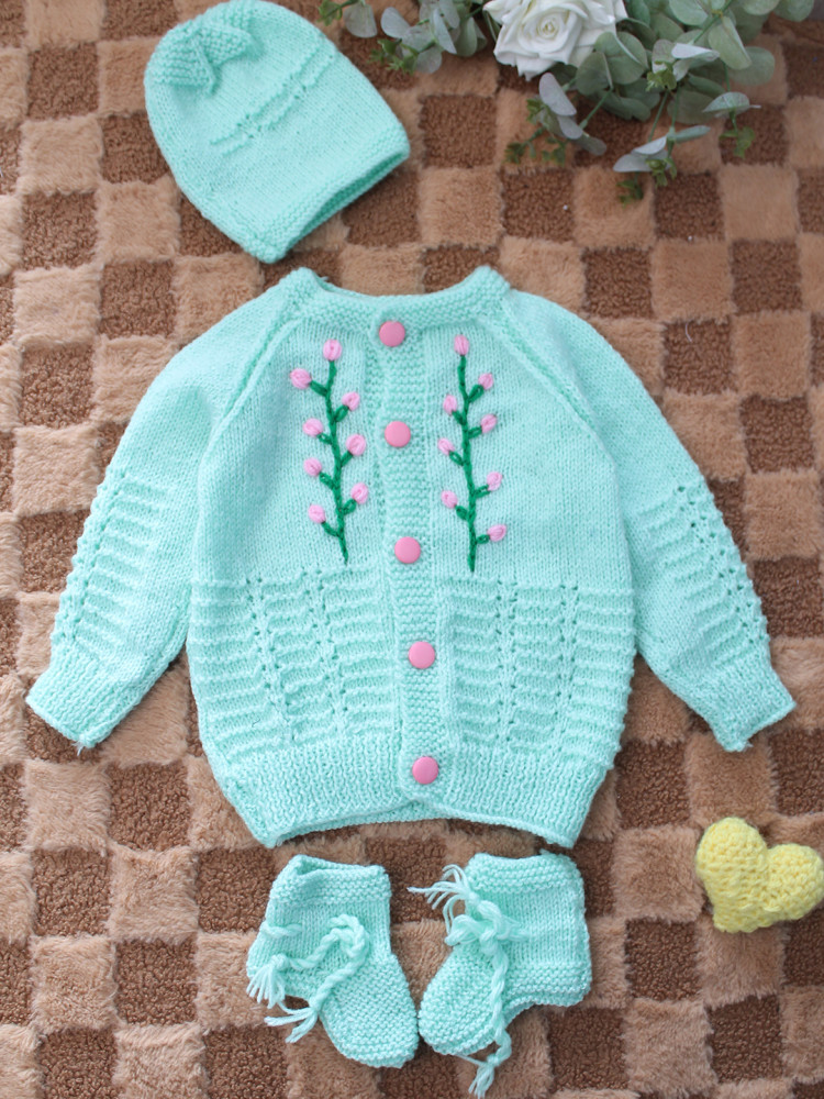 Image of Woonie Handknitted Full Sleeves Floral Embroidered Detailed Cardigan with Cap &amp; Socks - Light Green