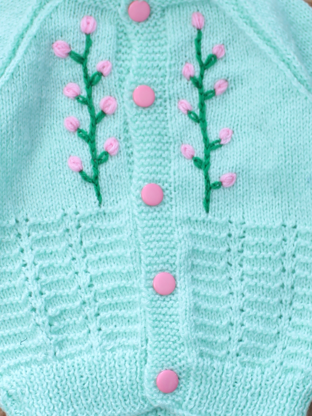 Woonie Handknitted Full Sleeves Floral Embroidered Detailed Cardigan with Cap & Socks - Light Green