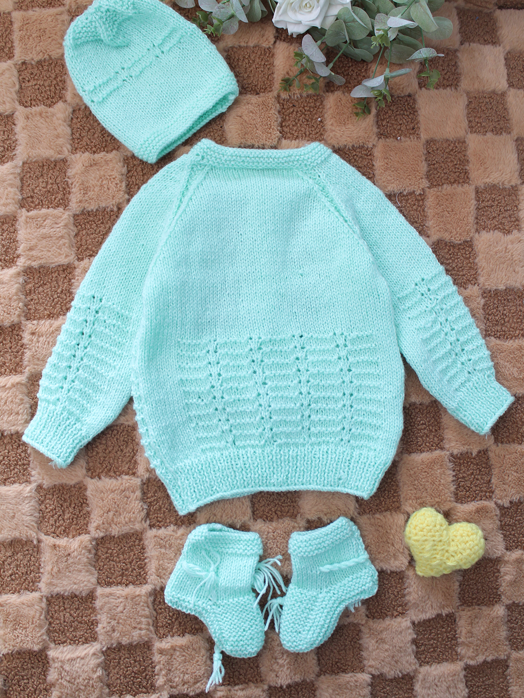 Woonie Handknitted Full Sleeves Floral Embroidered Detailed Cardigan with Cap & Socks - Light Green