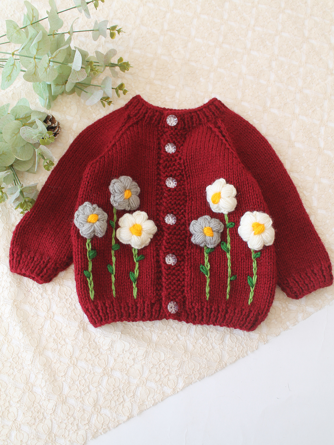 Woonie Handknitted Floral Applique Sweater - Maroon