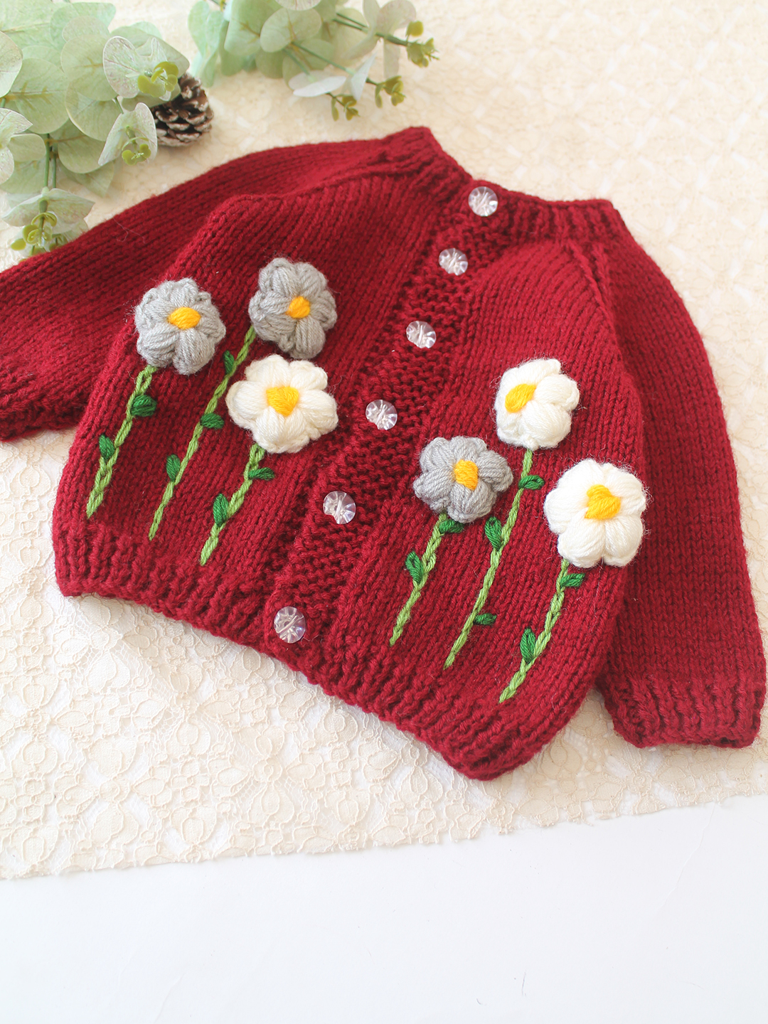 Woonie Handknitted Floral Applique Sweater - Maroon