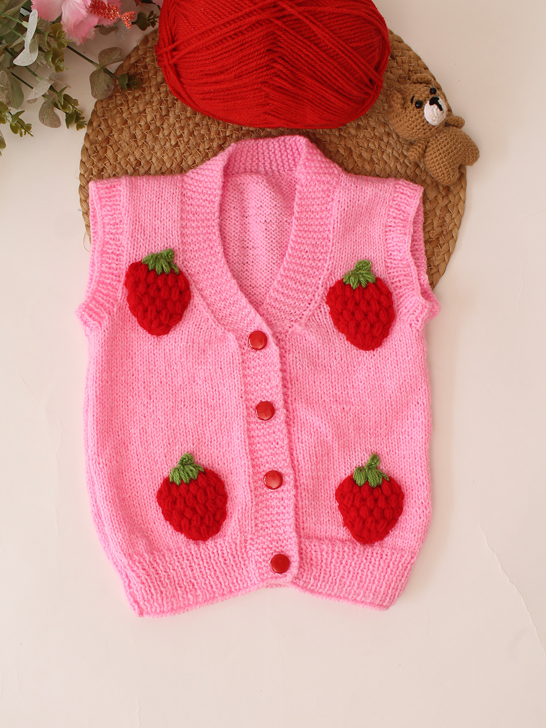 Woonie Handknitted Strawberry Applique SweaterVest - Pink