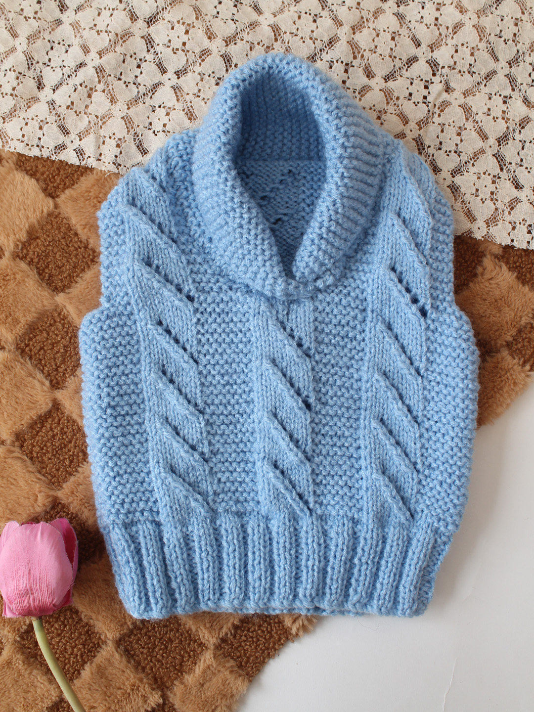 Woonie Handknitted Cable Knit PulloverVest - Sky Blue