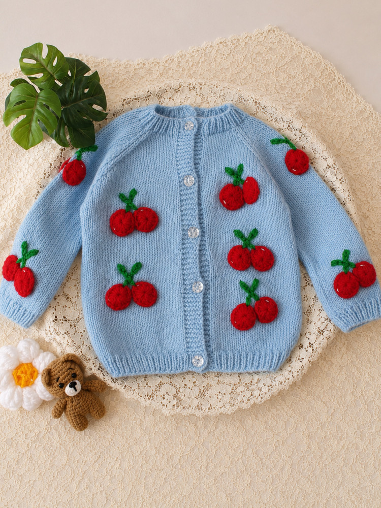 Image of Woonie Handknitted Cherry Applique Sweater - Sky Blue