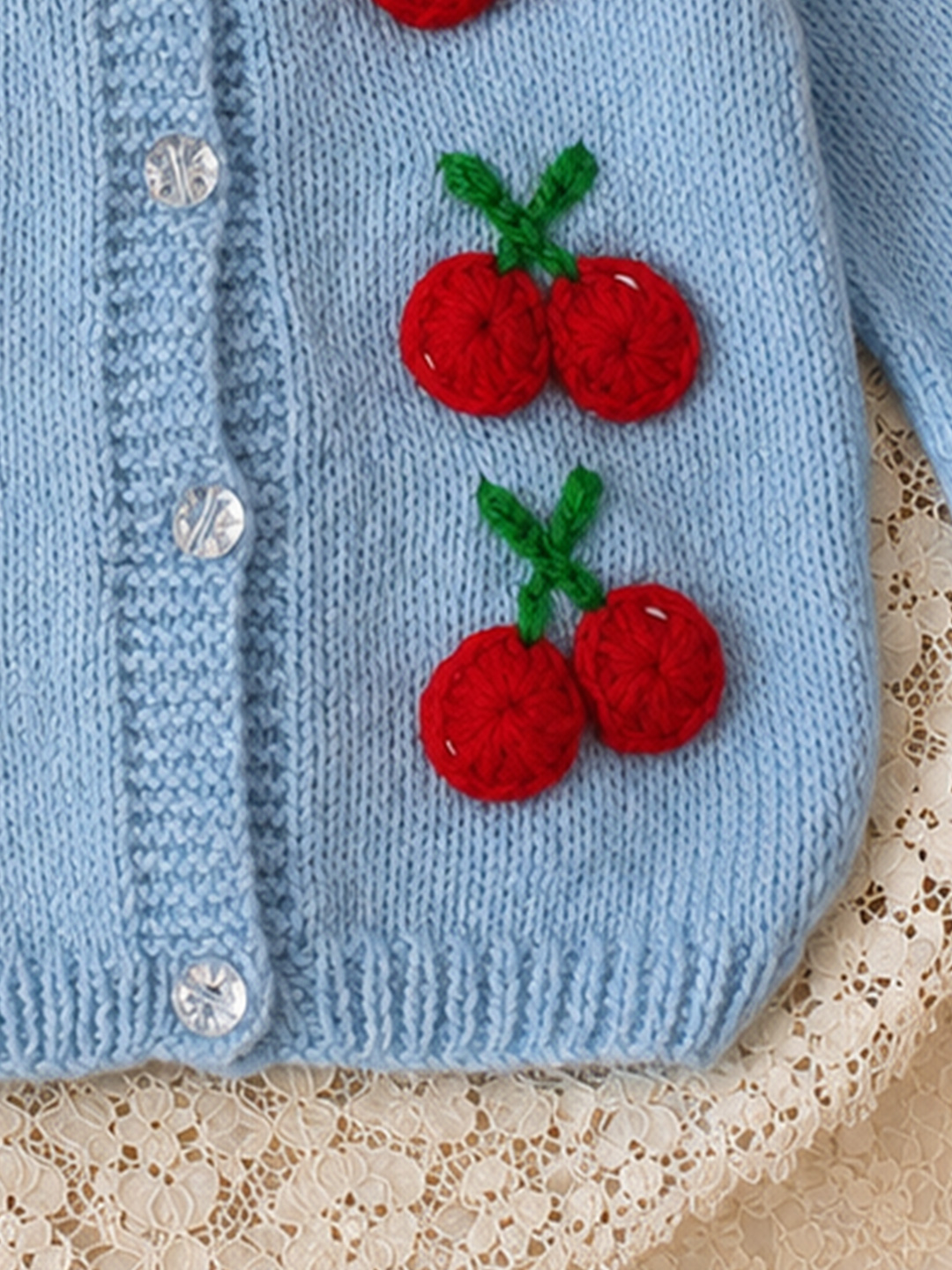 Woonie Handknitted Cherry Applique Sweater - Sky Blue