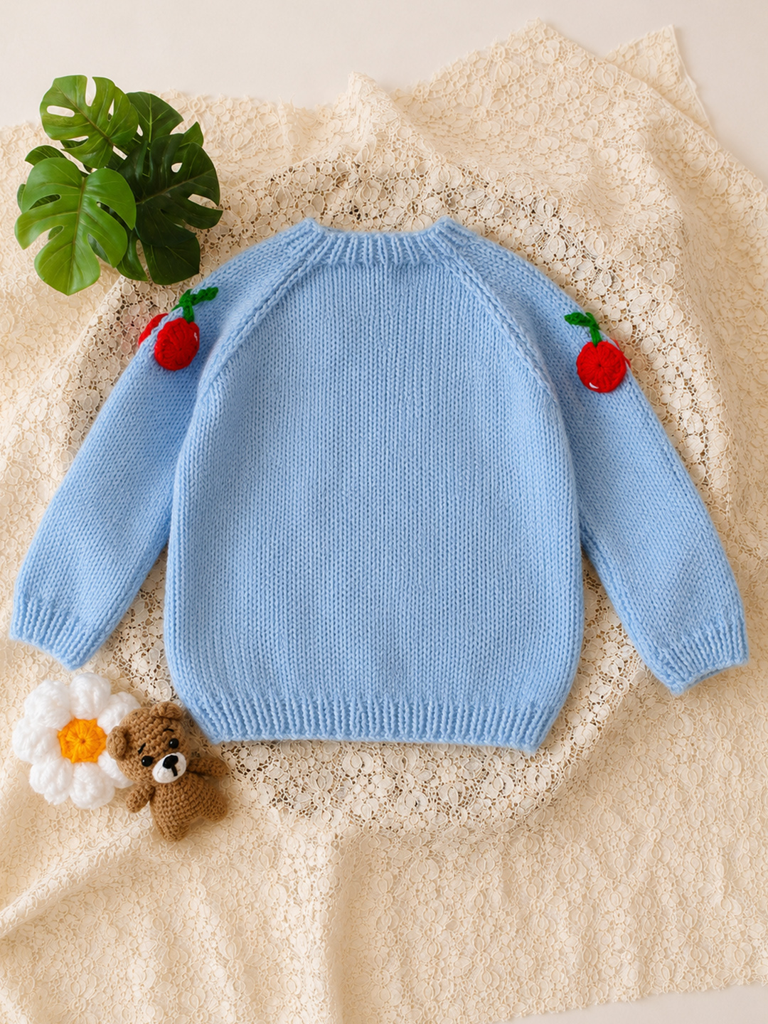 Woonie Handknitted Cherry Applique Sweater - Sky Blue
