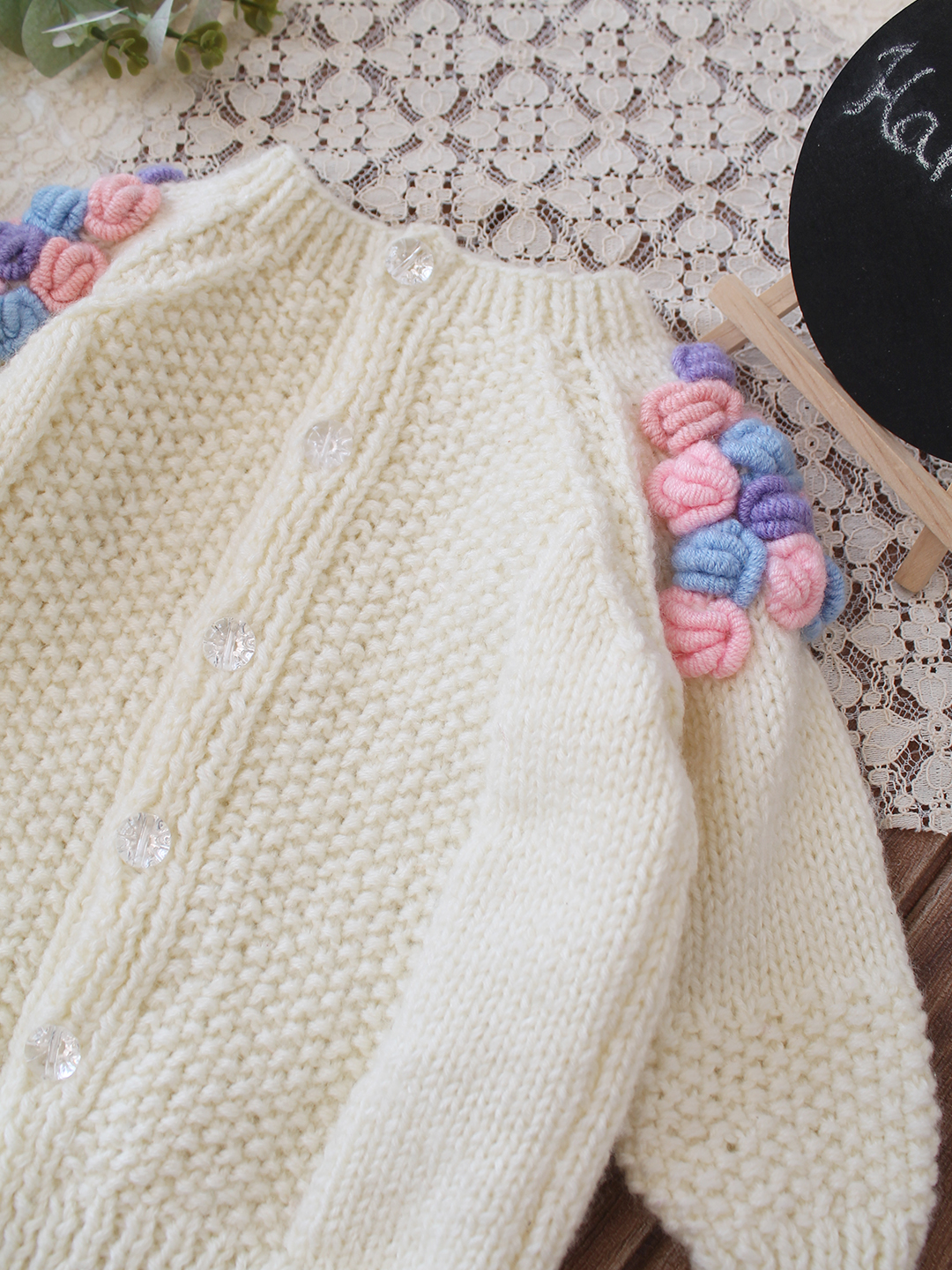 Woonie Handknitted 3D Appliques Sweater - Cream