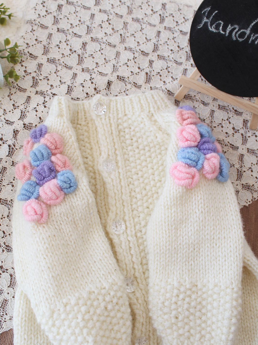 Woonie Handknitted 3D Appliques Sweater - Cream