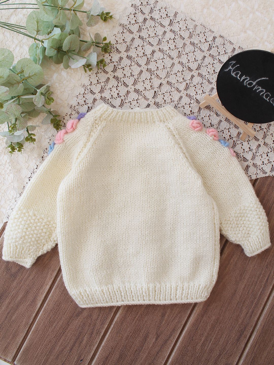 Woonie Handknitted 3D Appliques Sweater - Cream