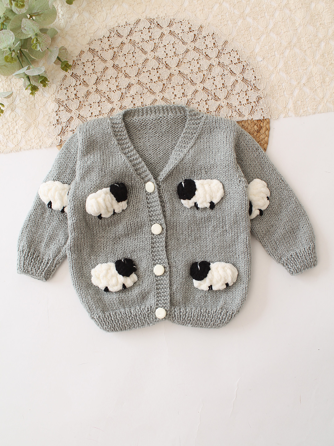 Woonie Handknitted Sheep Applique Sweater - Light Grey