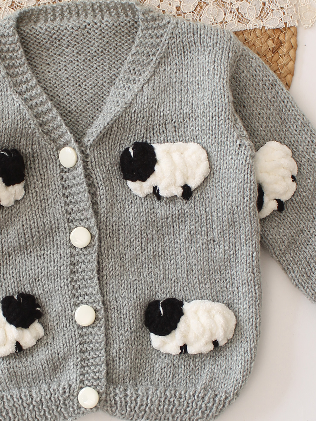 Woonie Handknitted Sheep Applique Sweater - Light Grey
