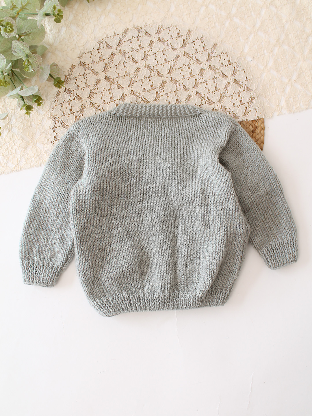 Woonie Handknitted Sheep Applique Sweater - Light Grey