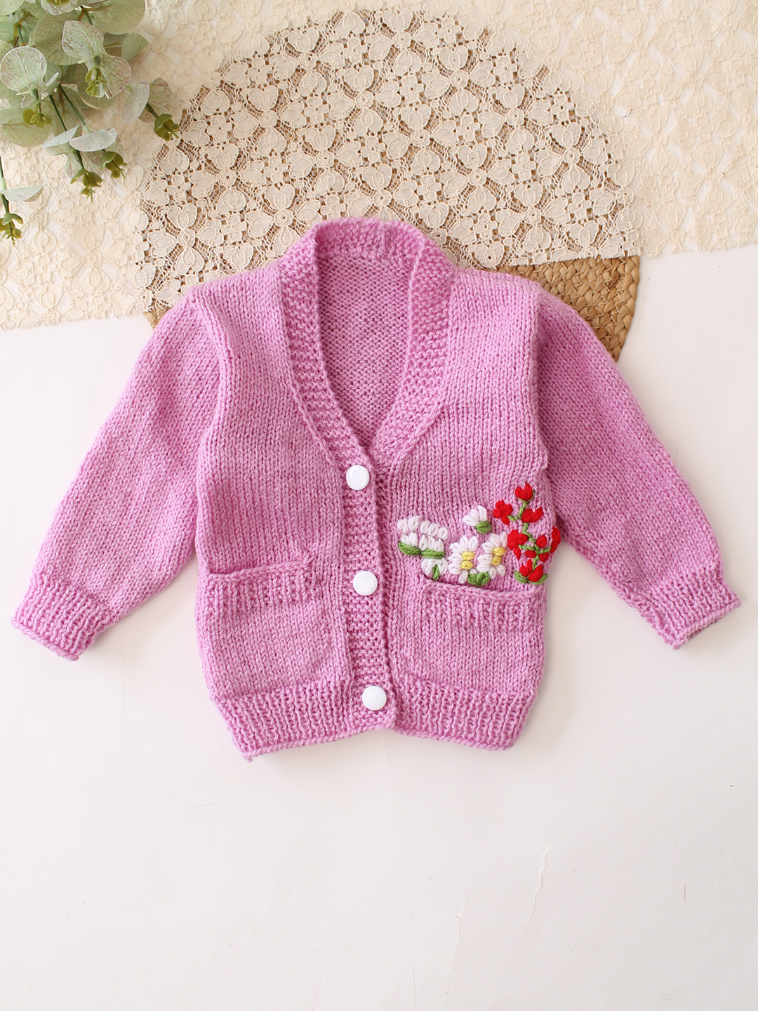Woonie Handknitted Floral Embroidered with Pocket Detailed Sweater - Purple