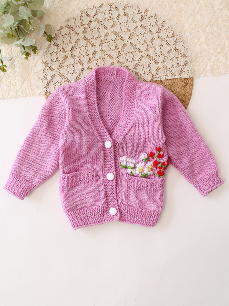 Image of Woonie Handknitted Floral Embroidered with Pocket Detailed Sweater - Purple