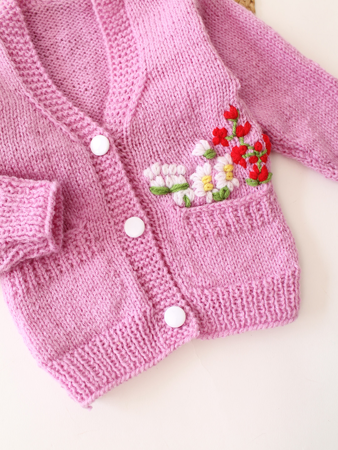 Woonie Handknitted Floral Embroidered with Pocket Detailed Sweater - Purple