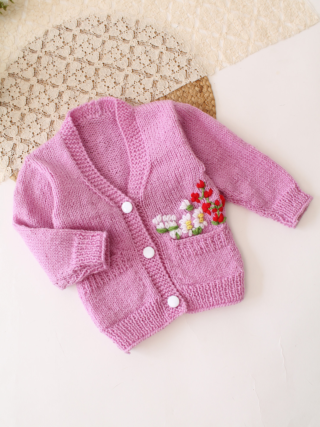 Woonie Handknitted Floral Embroidered with Pocket Detailed Sweater - Purple