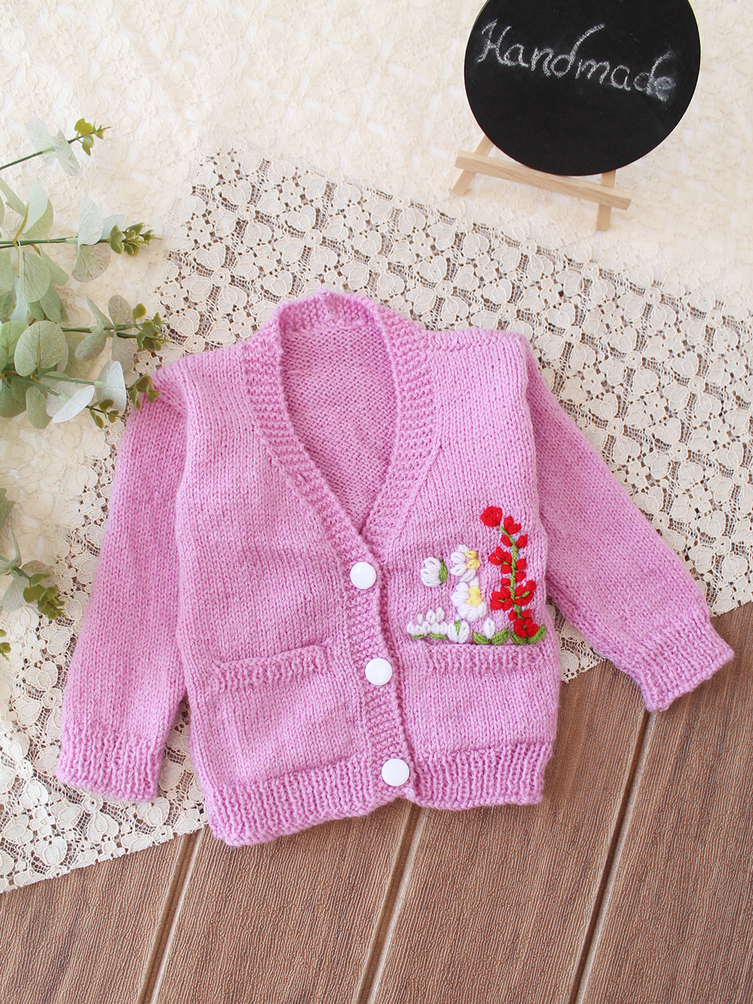 Woonie Handknitted Floral Embroidered with Pocket Detailed Sweater - Purple