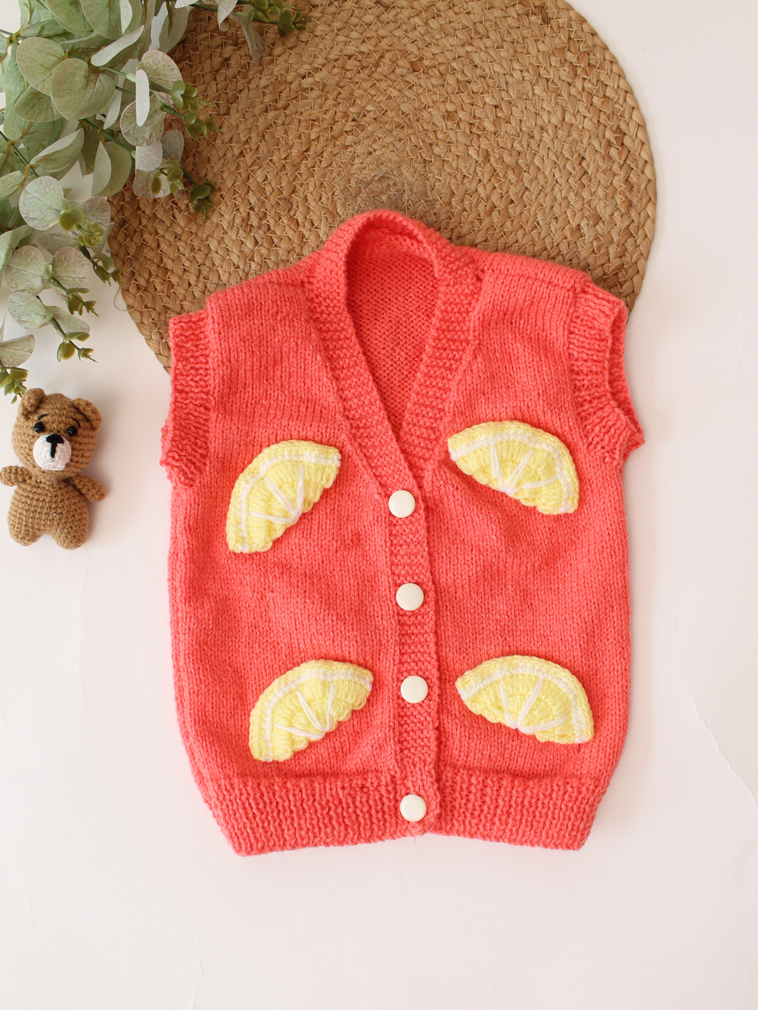 Woonie Handknitted Lemon Applique SweaterVest - Orange