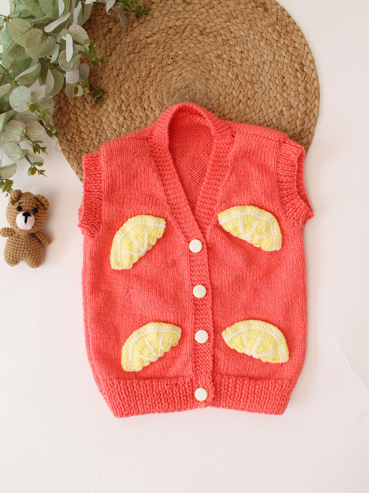 Image of Woonie Handknitted Lemon Applique Sweater/Vest - Orange