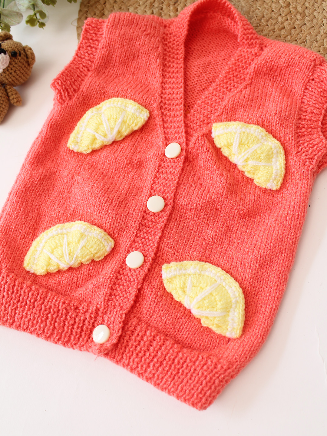 Woonie Handknitted Lemon Applique SweaterVest - Orange